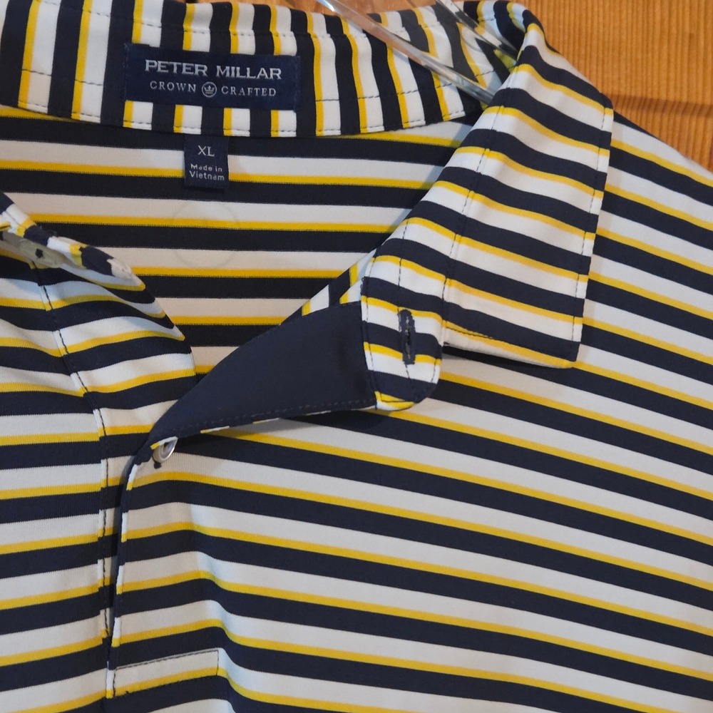 Peter Millar Men's Striped Polo in Navy, White & Yellow